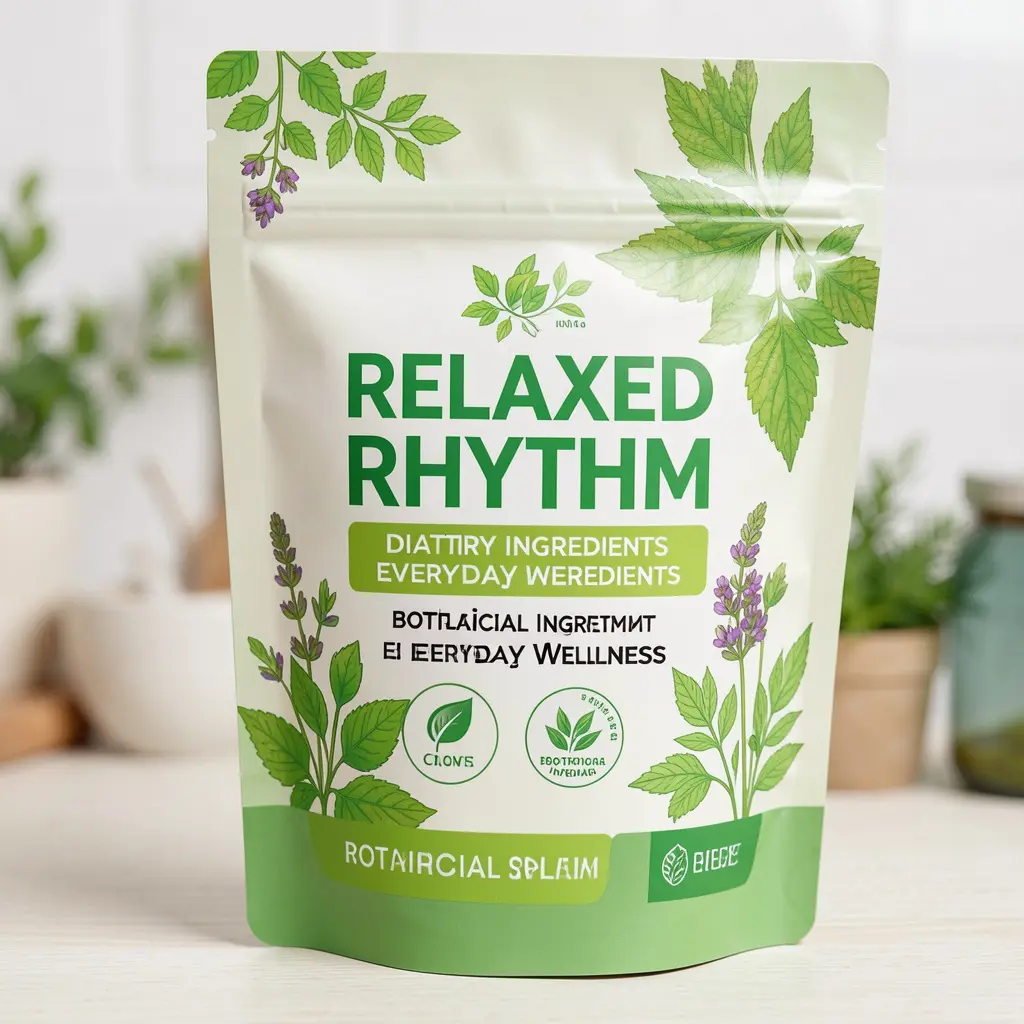 Relaxed Rhythm dietary supplement package with botanical ingredients for everyday wellness